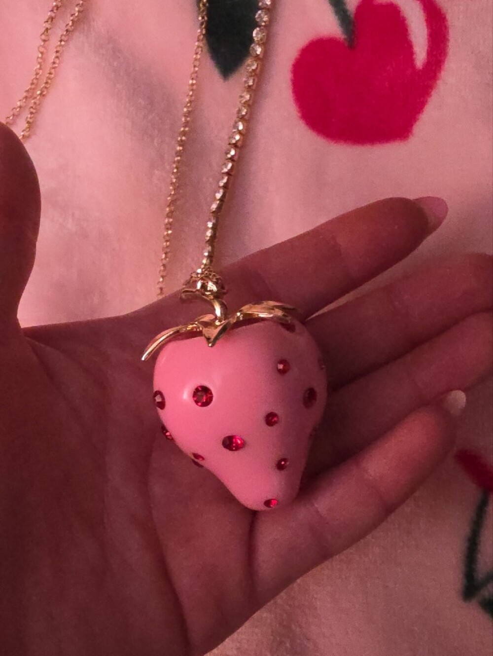 Betsey Johnson Gold-tone Pink Strawberry Charm Necklace - Picture 3 of 4